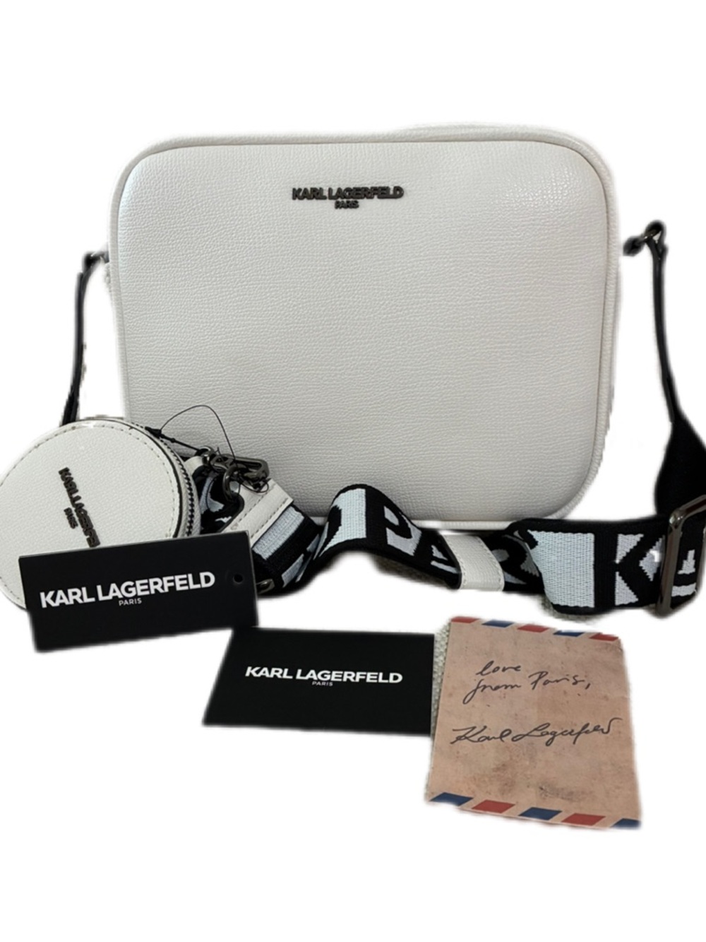 Karl Lagerfeld NWT White MAYBELLE
Web  Camera Crossbody
Bag w/Pouch logo strap